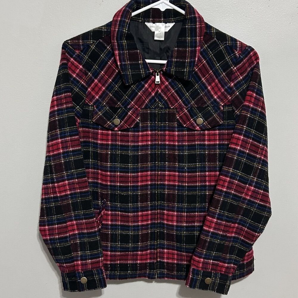 Christopher & Banks Petite Women's Full Zip Lined Plaid Shacket Red (Sz P/S)